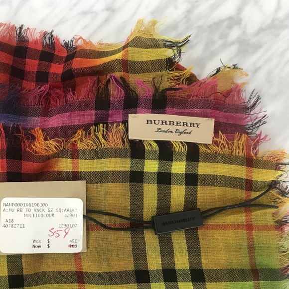 New w/ tags $450 Burberry Rainbow Tie-Dye Print Wool/Silk Scarf, size 55x55 - Picture 2 of 5
